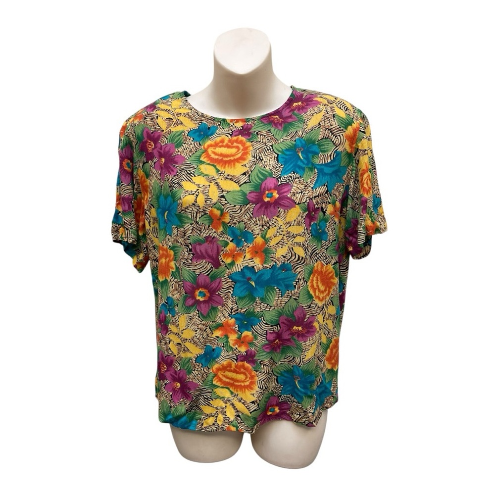 Vintage Carole Little Petite Floral Blouse Womens Retro 90s Tropical Top